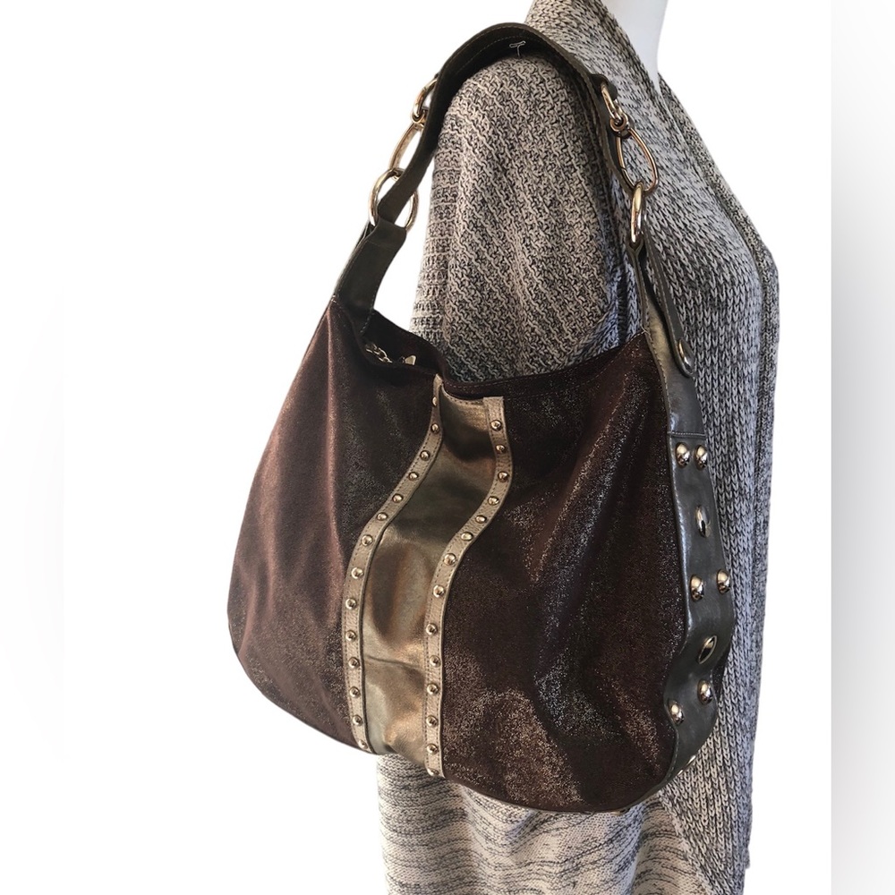 Kathy van Zeeland Shoulder Hand Bag Purse Gold faux suede brown Glam slouch hobo - Picture 12 of 13